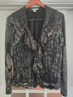 Alberto Makali Black and Brown Ruffle-Front Smocked Blazer